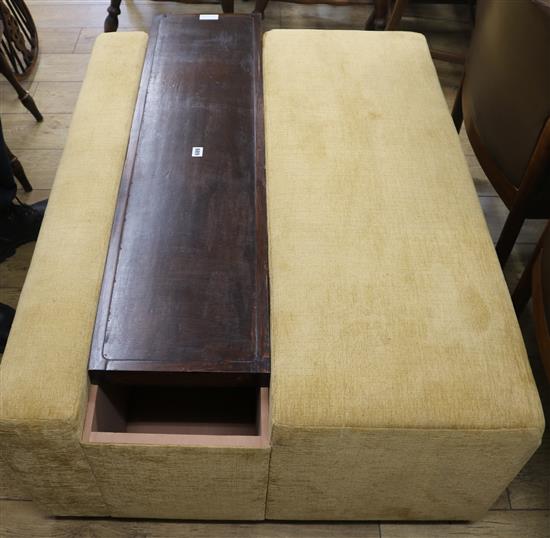 A Chinese hardwood square top occasional table, and a larged upholstered stool, W.63cm, stool 89 x 118cm